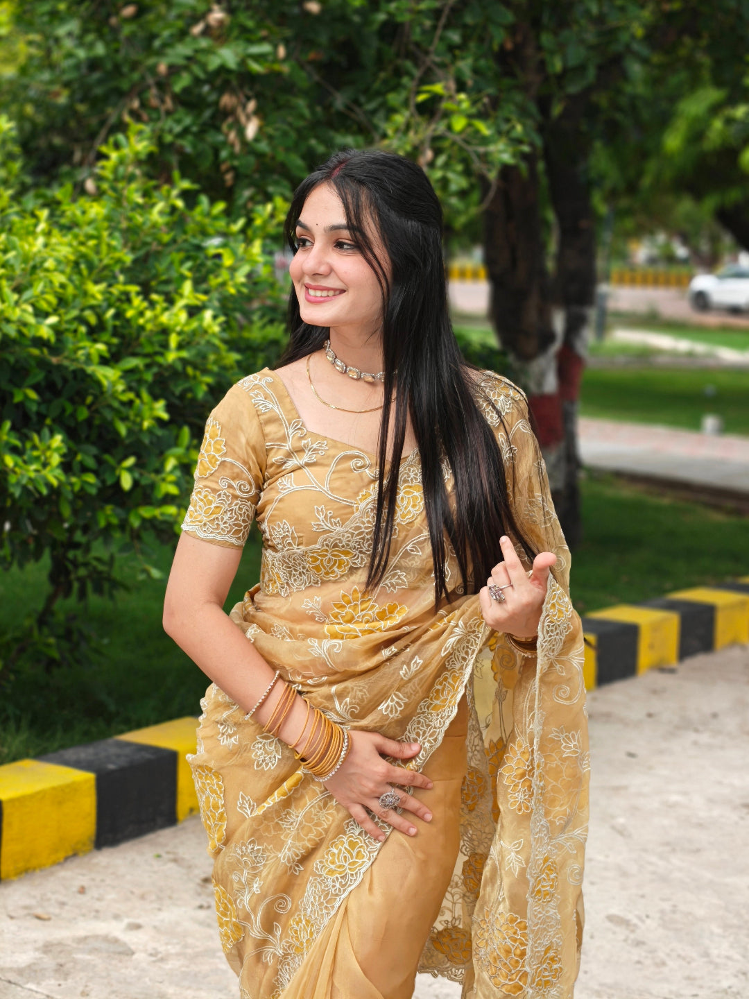 Mustard Yellow Tissue Applique Zari Floral Saree with Matching Blouse Piece