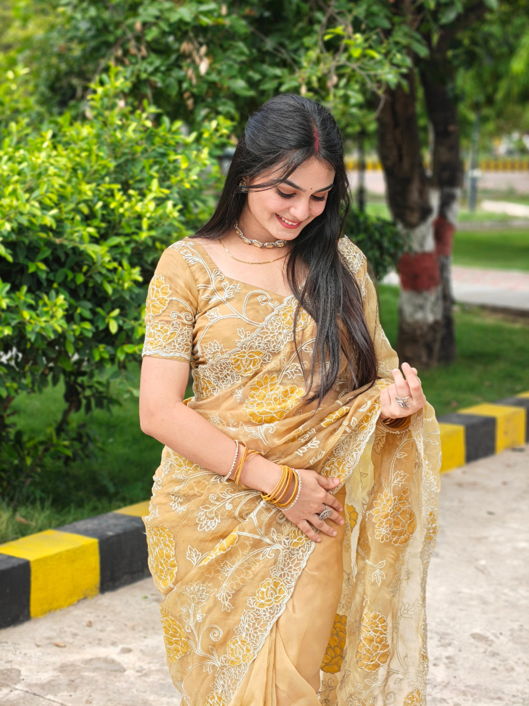 Mustard Yellow Tissue Applique Zari Floral Saree with Matching Blouse Piece