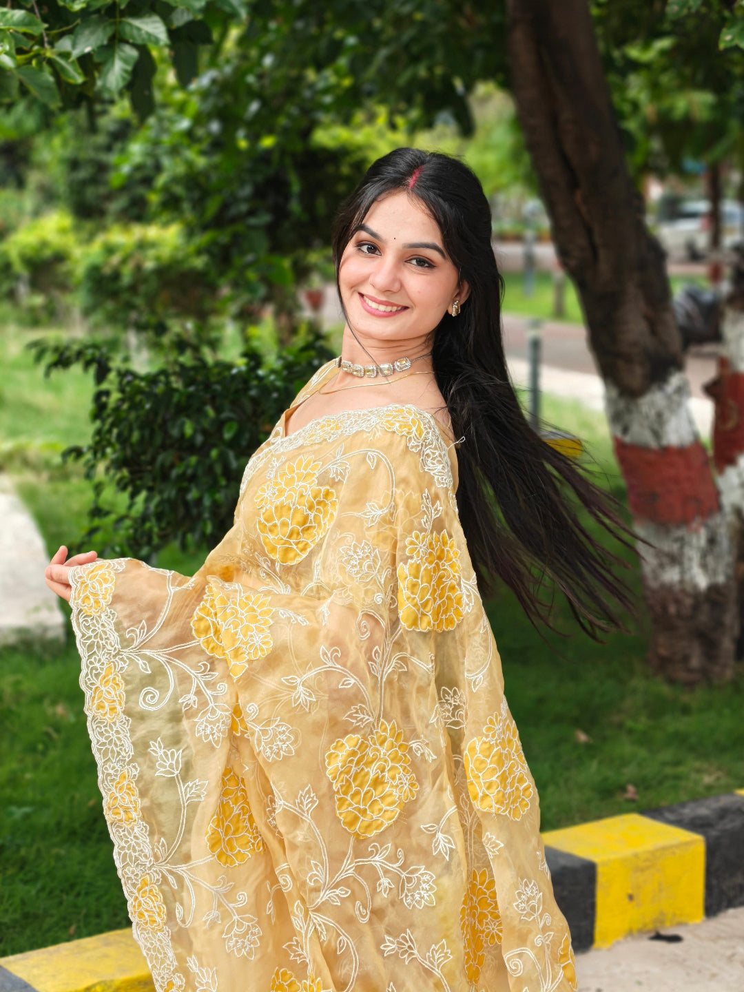 Mustard Yellow Tissue Applique Zari Floral Saree with Matching Blouse Piece